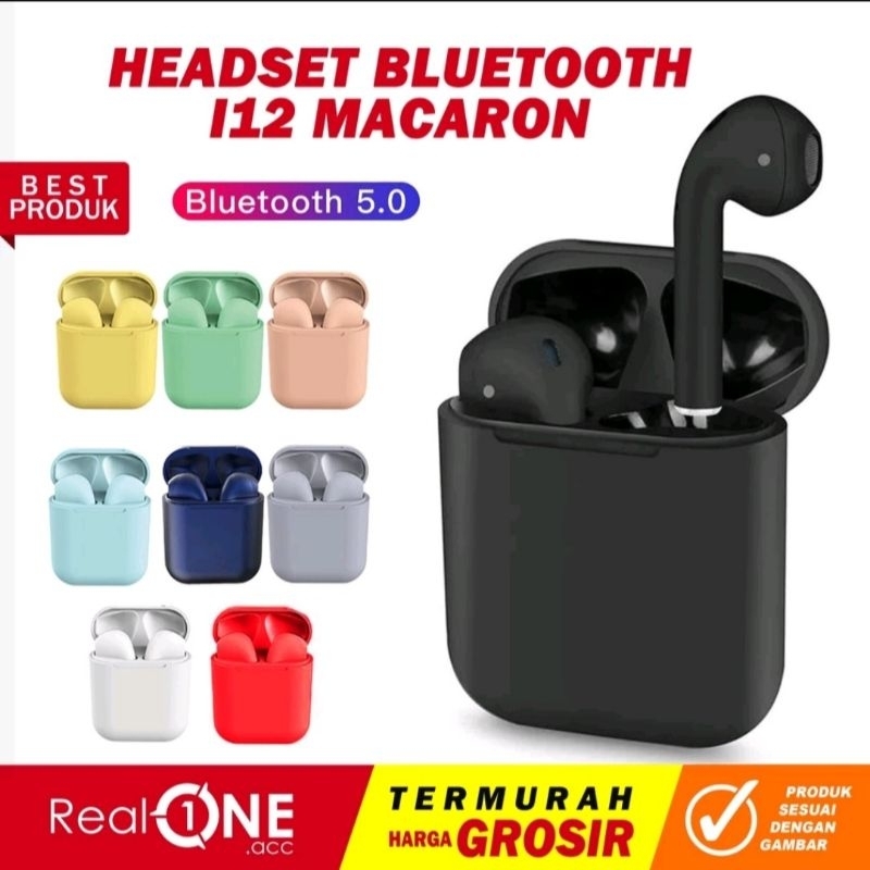 headset bluetooth i12 macaron inpods tws earphone stereo wireless kontrol sentuh with mic color hita