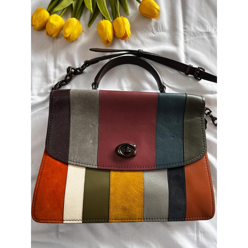 Coach Parker Tophandle 32 with Patchwork Stripes Carryall in Black Leather with Suede - Handbag Cros