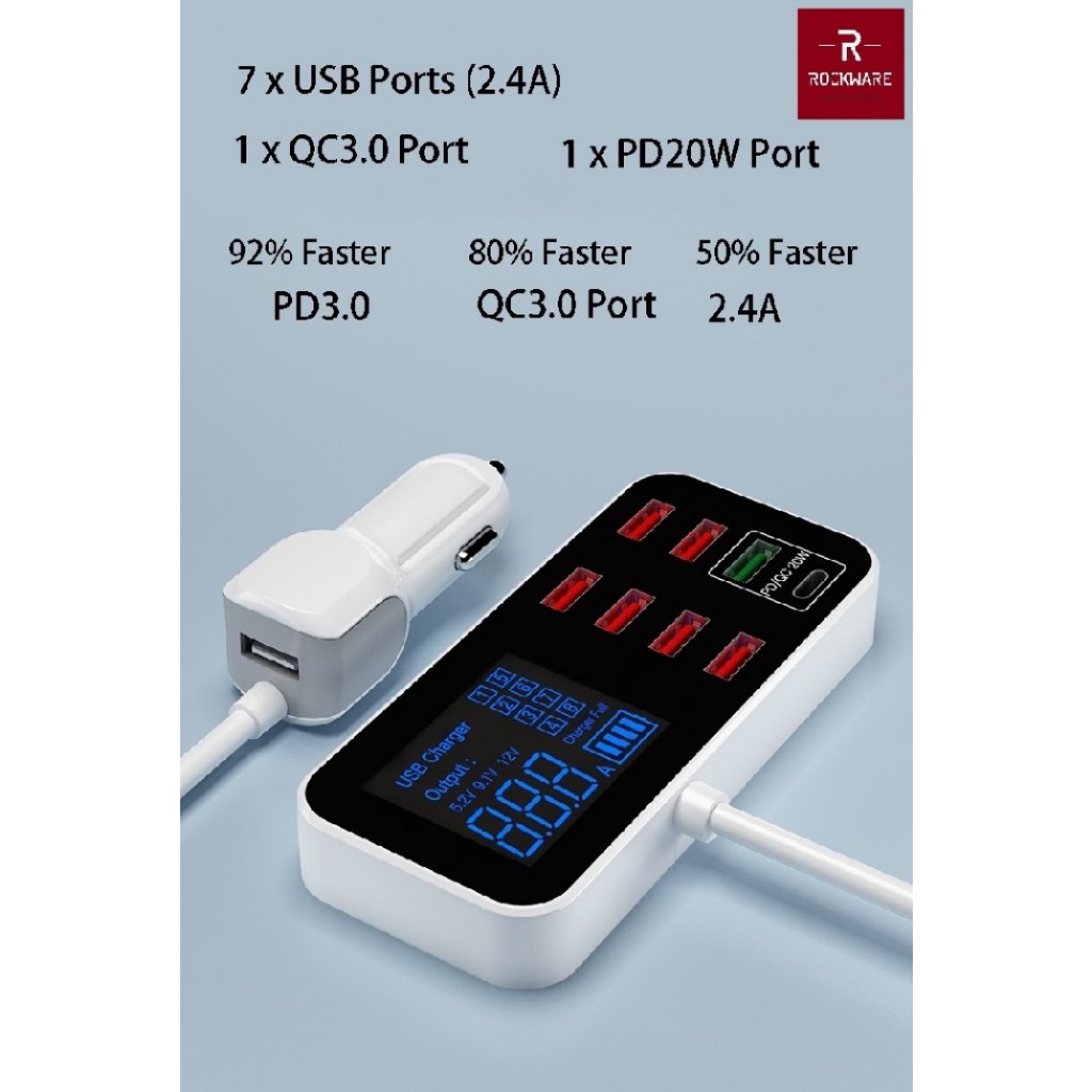 ROCKWARE WLX-A9S PLUS - Charger Mobil 40W 8 USB Support PD dan QC