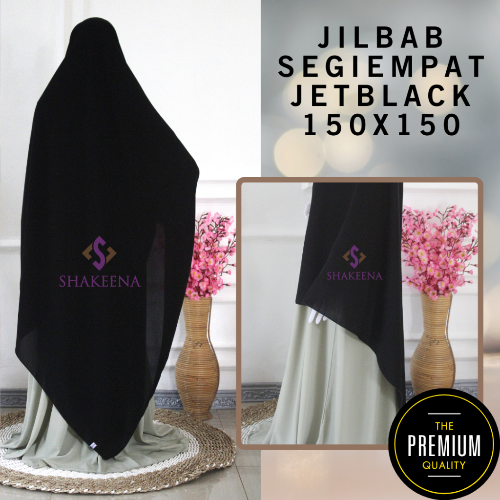 Jilbab Segi empat Premium Jetblack Hitam Pekat