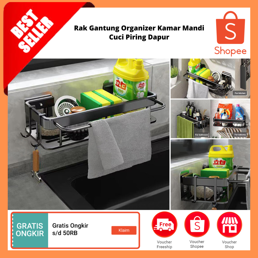 Rak Gantung Organizer Kamar Mandi Cuci Piring Dapur / Rak Penyimpanan Wastafel Dapur Aluminium
