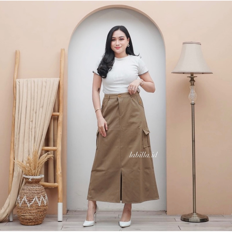 	 Rok cargo belah twill skirt korean style wanita kekinian	