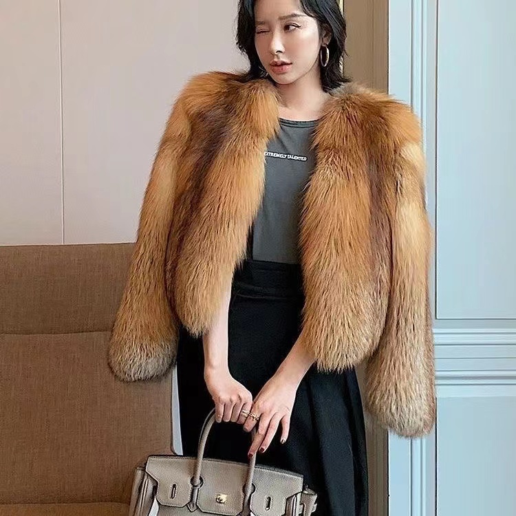 Mantel Bulu Rubah Kulit Penuh Rubah Merah Impor Pendek Wanita