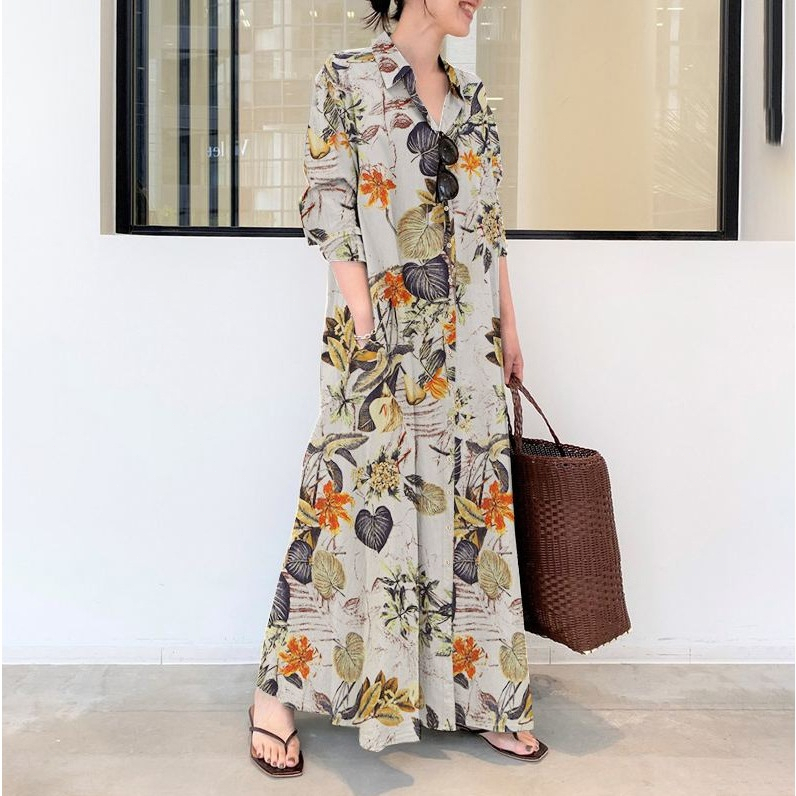 GDTima Gamis Motif Bunga Terbaru Midi Dress Muslim Lengan Panjang