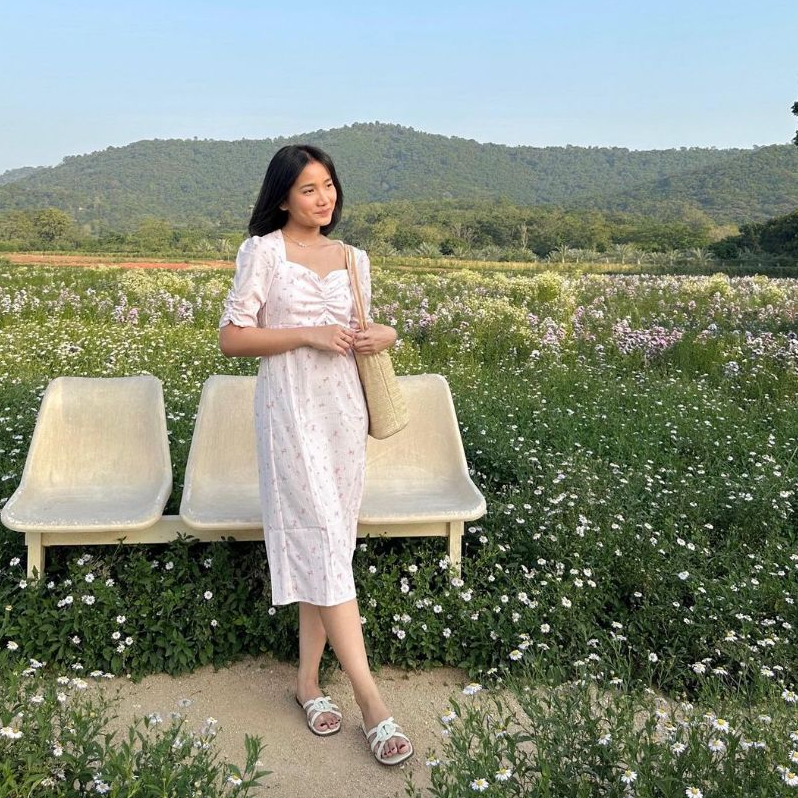 JOUETA | Elena Crinckle Flower Midi Dress | Dress Wanita Korean Style Cantik Motif Bunga Bahan Crinkle
