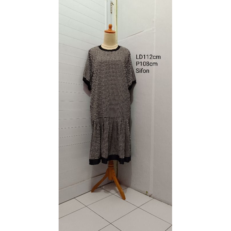Dress midi wanita hitam geometris abstrak/ dress sifon wanita jumbo