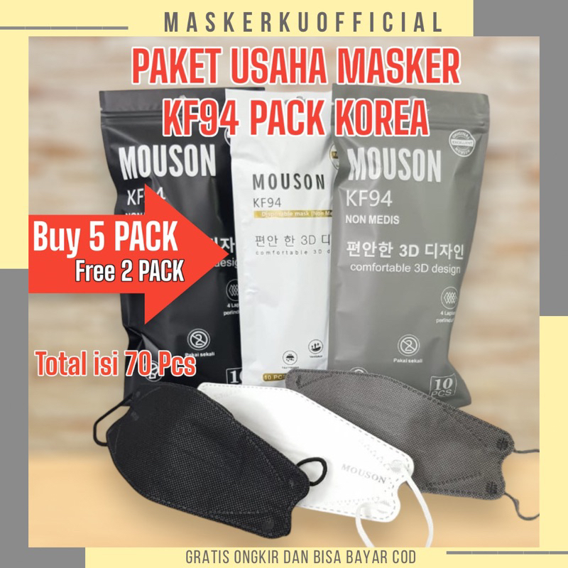 PAKET 5 PACK BONUS 2 PACK (TOTAL 70PCS) MASKER KF94 MOUSON 4D 4PLY KF 94 PACK KOREA 4 PLY BAHAN TEBA