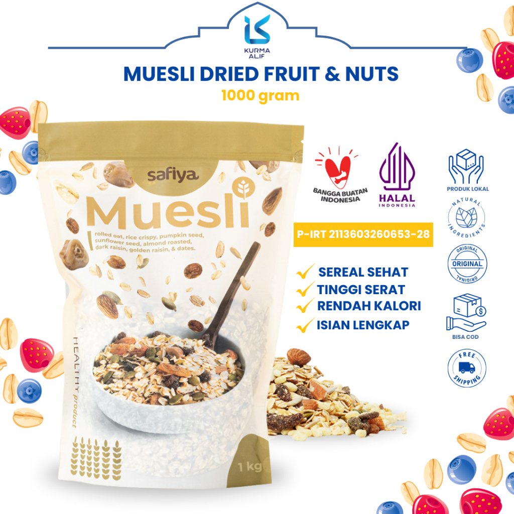 

Muesli Safiya 1 Kg Oatmeal Dried Fruit Almond Mete Sereal Diet Sehat