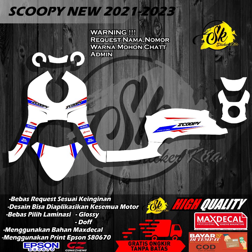 DC 550 STCIKER DECAL FULLBODY MOTOR SCOOPY NEW 2021-2023 TEMA SIMPEL BIRU LIST MERAH FREE COSTUM