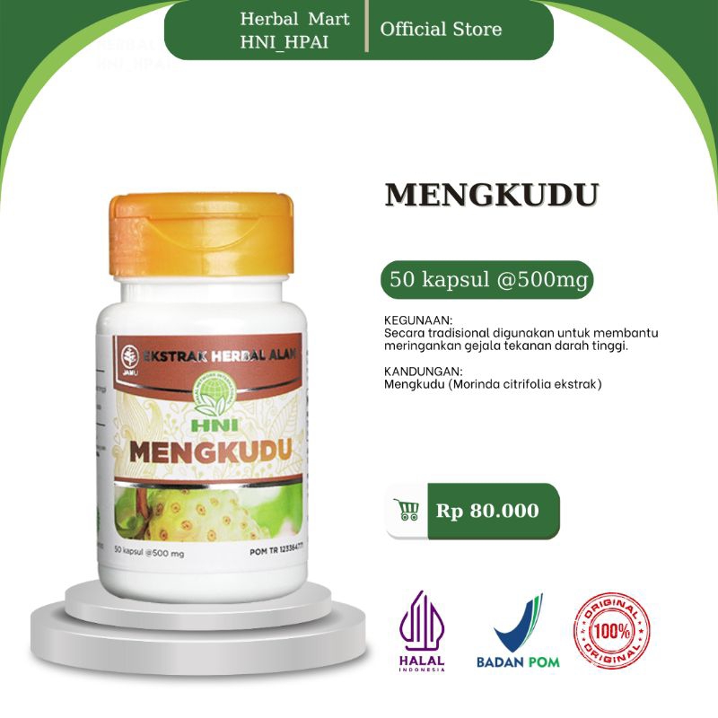Herbal Mart _ HNI.HPAI (100% Produk Original) Mengkudu HNI_HPAI obat herbal isi 50 kapsul untuk membantu meringankan gejala tekanan darah tinggi.