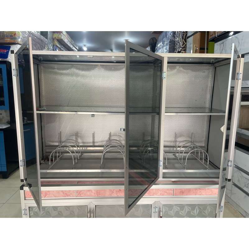 LEMARI GANTUNG DAPUR/KITCHENSET GANTUNG 3PINTU KACA HITAM RAK PIRING