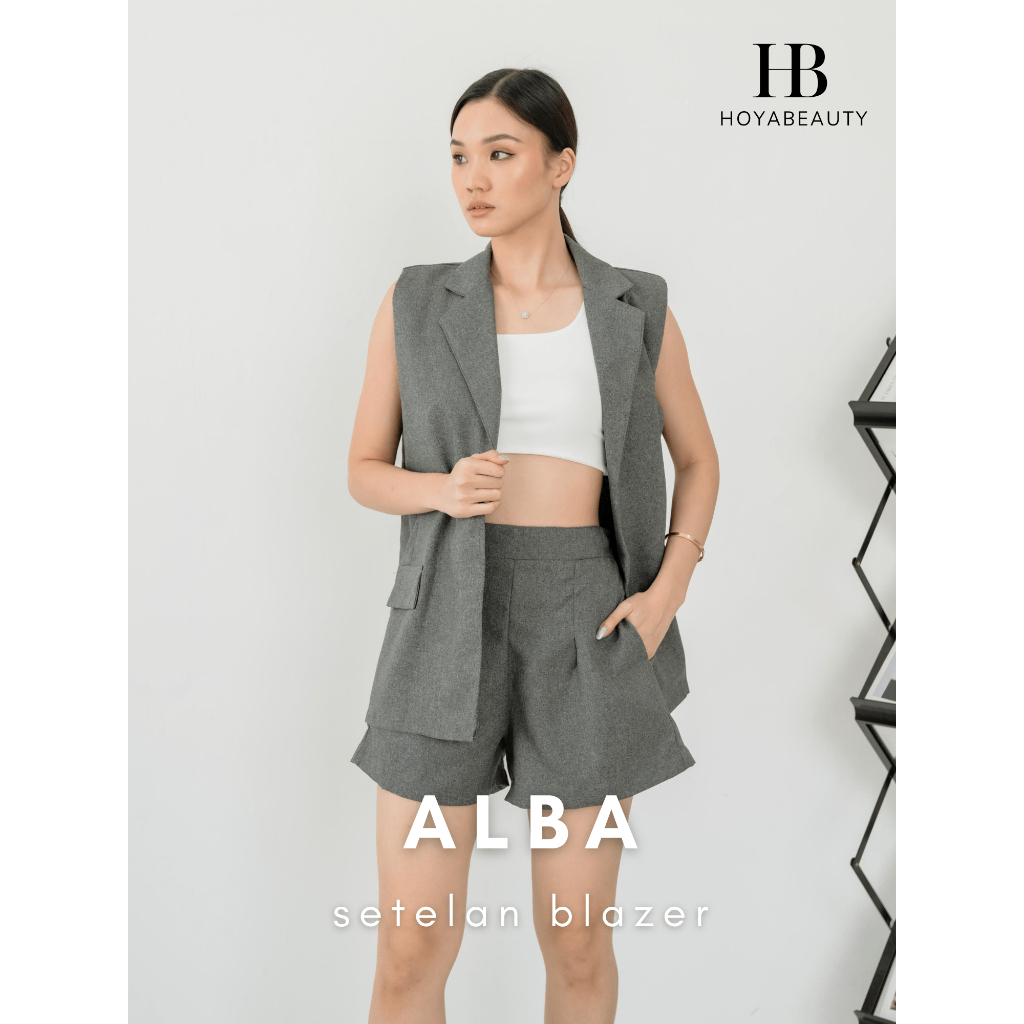 [HoyaBeautyID] ALBA Blazer Set - Setelan Blazer Semiwool Semi Formal Sleeveless Jas Tanpa Lengan den