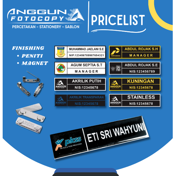 

Name Tag / Nama Dada /Akrilik/Kuningan/Stainless/Magnet/Peniti