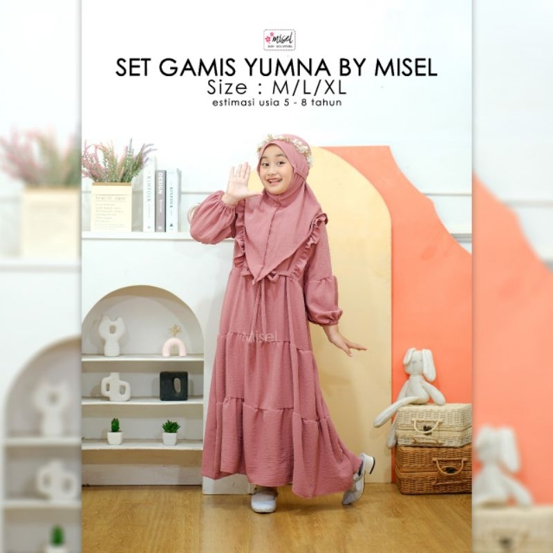 Gamis Yumna plus Hijab by Misel 5-8th/Gamis Anak Perempuan Misel Yumna bahan Cringkle/Gamis Anak Per