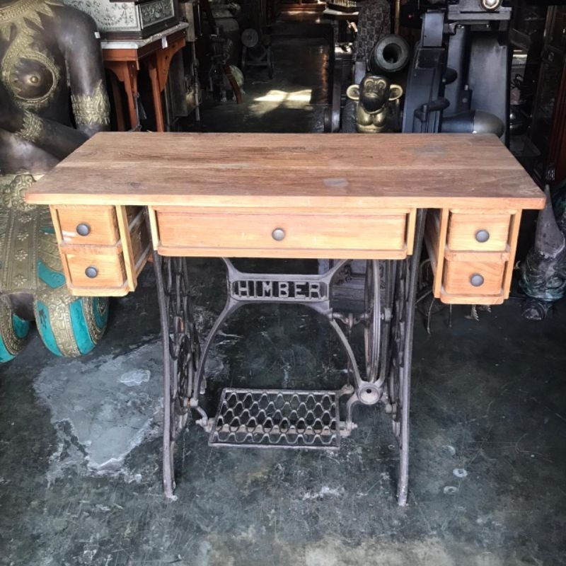Meja Mesin Jahit Himber Besi dengan Kayu Jati Antik Lawas Jadul