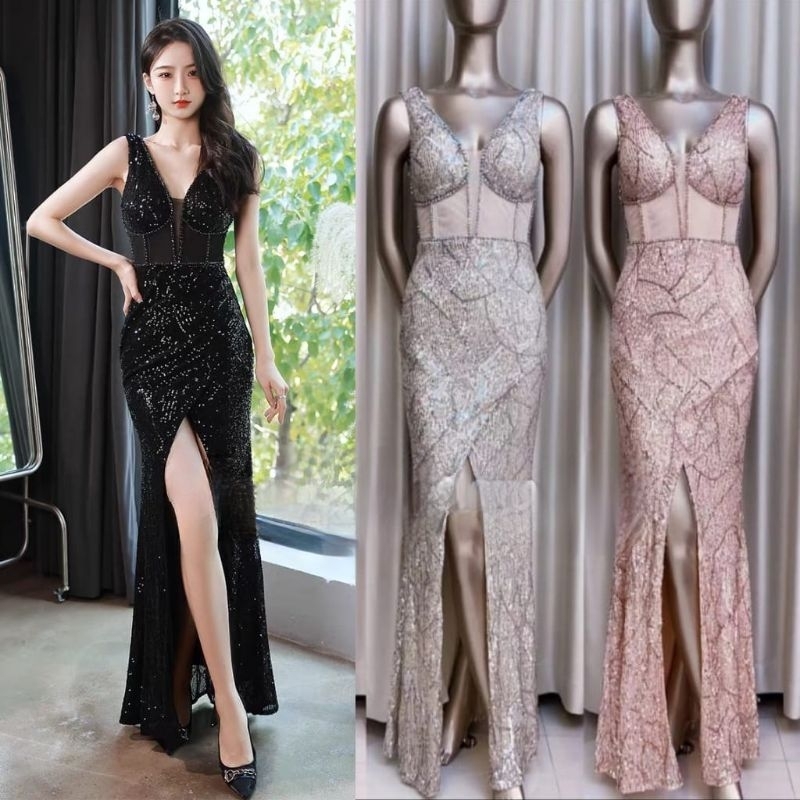 dress glitter sequin sexy glam glamour gatsby slit long gown gaun panjang silver perak black hitam r