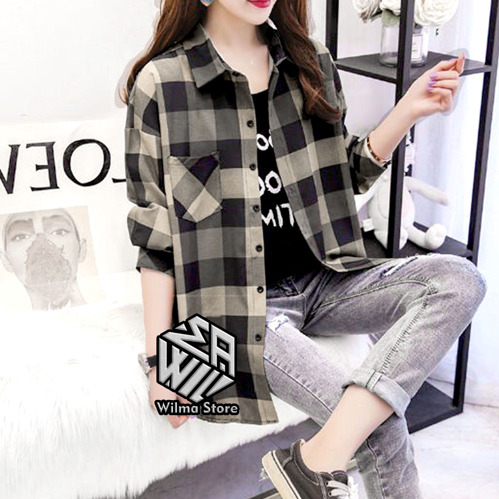 1212 MALL Kemeja Wanita  Baju Wanita  Kemeja Flanel KotakKotak  Kemeja Wanita Lengan Panjang  Merah 