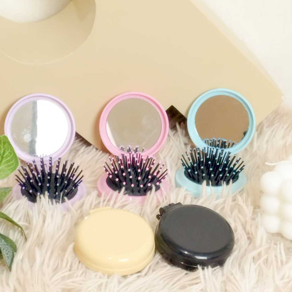 Cermin Sisir Rambut Lipat Mini Bentuk Bulat / Kaca Cermin Warna Polos / Cermin Bundar 1 set dengan s