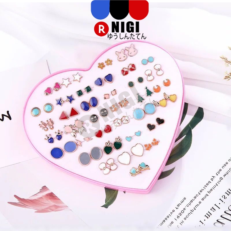 NIGI Anting Isi 36 Pasang 1 Kotak Tusuk Bentuk Hati Bergaya Warna Wanita