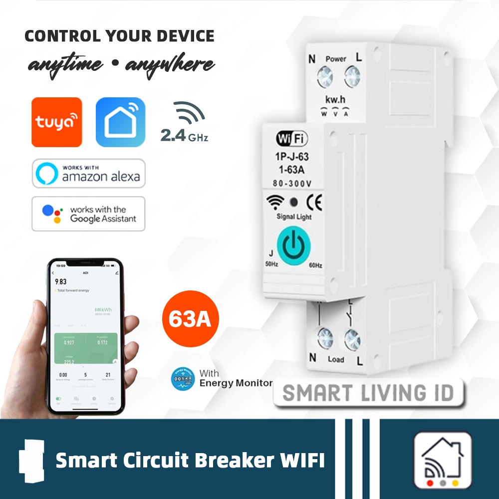 Tuya Smart MCB Circuit Breaker WIFI 63A 1P KWH Energy Monitor Metering Voice Control