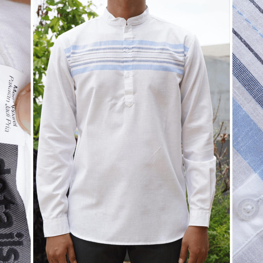 CLE Baju Koko Pria Lengan Panjang Putih Motif Dada | Pakaian Muslim Pria | Kemeja Koko