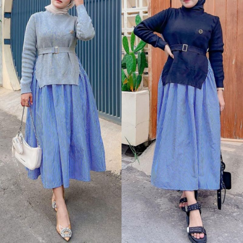 MEEVA MIDI DRESS KNIT SALUR IMPORT | DRESS RAJUT MIX SALUR MIDI BELT | DRESS KOREAN STYLE ELEGAN