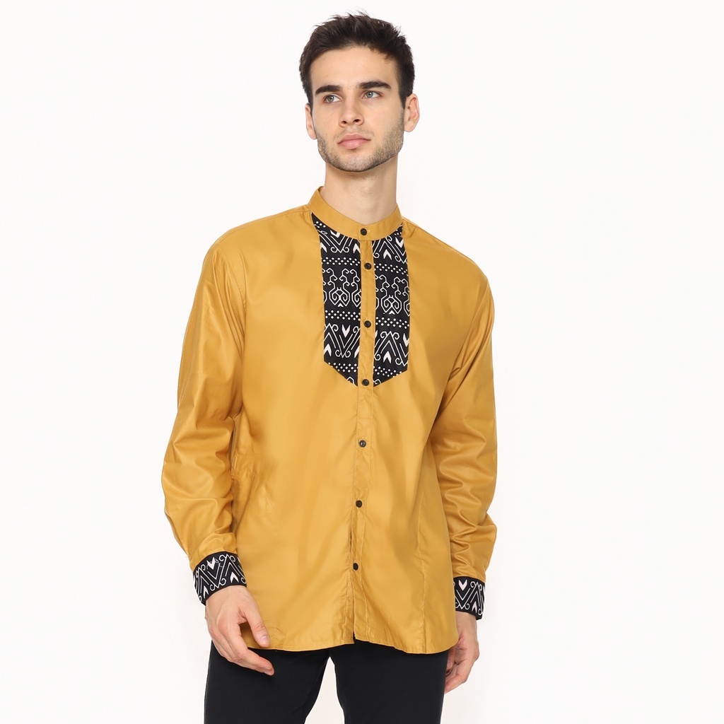 Baju Koko Pria Muslimen Motif Busur Lengan Panjang Warna Mustard