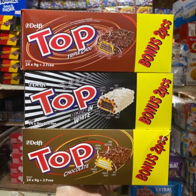 

Delfi Top Coklat waffer 9gr free 2pcs | black in white | chocolate | triple choco