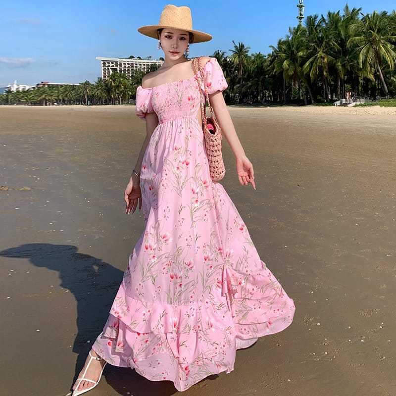 𝐑𝐄𝐀𝐃𝐘 𝐒𝐓𝐎𝐂𝐊 𝐒𝐀𝐅 - AMIRA pink flower long dress woman premium / coquette dress / off shoulder dress b