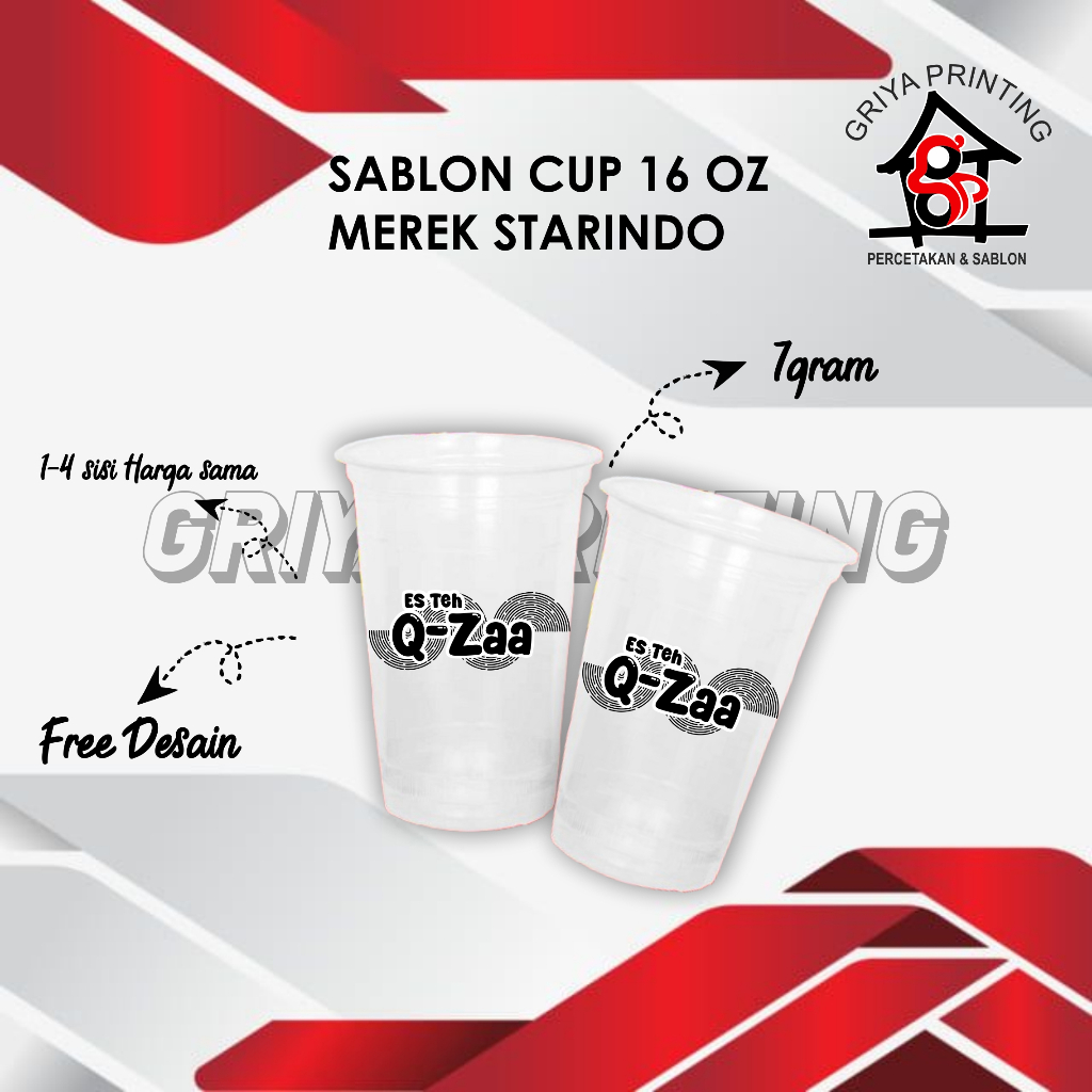 Sablon Custom Cup Plastik datar merek starindo Tebal 7 gram Ukuran 16 OZ, Sablon Custom Gelas Plasti