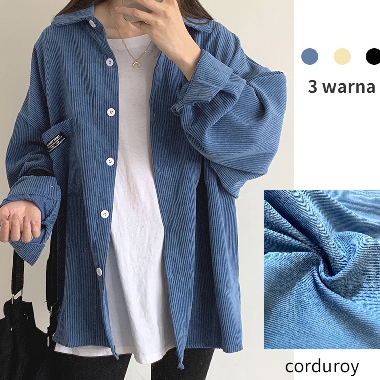 Super Hits Korea Kemeja Oversize Korduroy Wanita Lengan Panjang Oversize Kemeja Polos Wanita