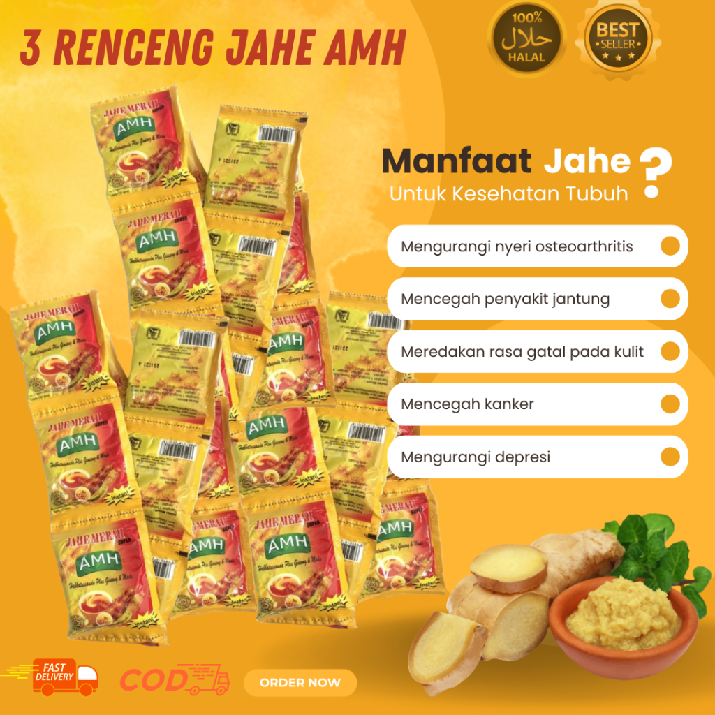 

3 RENCENG Jahe Merah Amanah AMH + Habbatussauda, ginseng dan madu | 30 SACHET - Instant Jahe Renceng Kuning