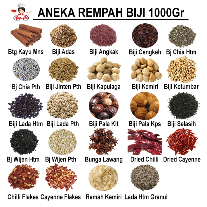 

Aneka Rempah Biji & Bubuk Topho 1000gr (Lada Putih, Lada Hitam, Cabe, Wijen, Angkak, Selasih, Ketumbar, Kare, Ngohiong, Kayu Manis, Pala, Bawang Putih, dll)