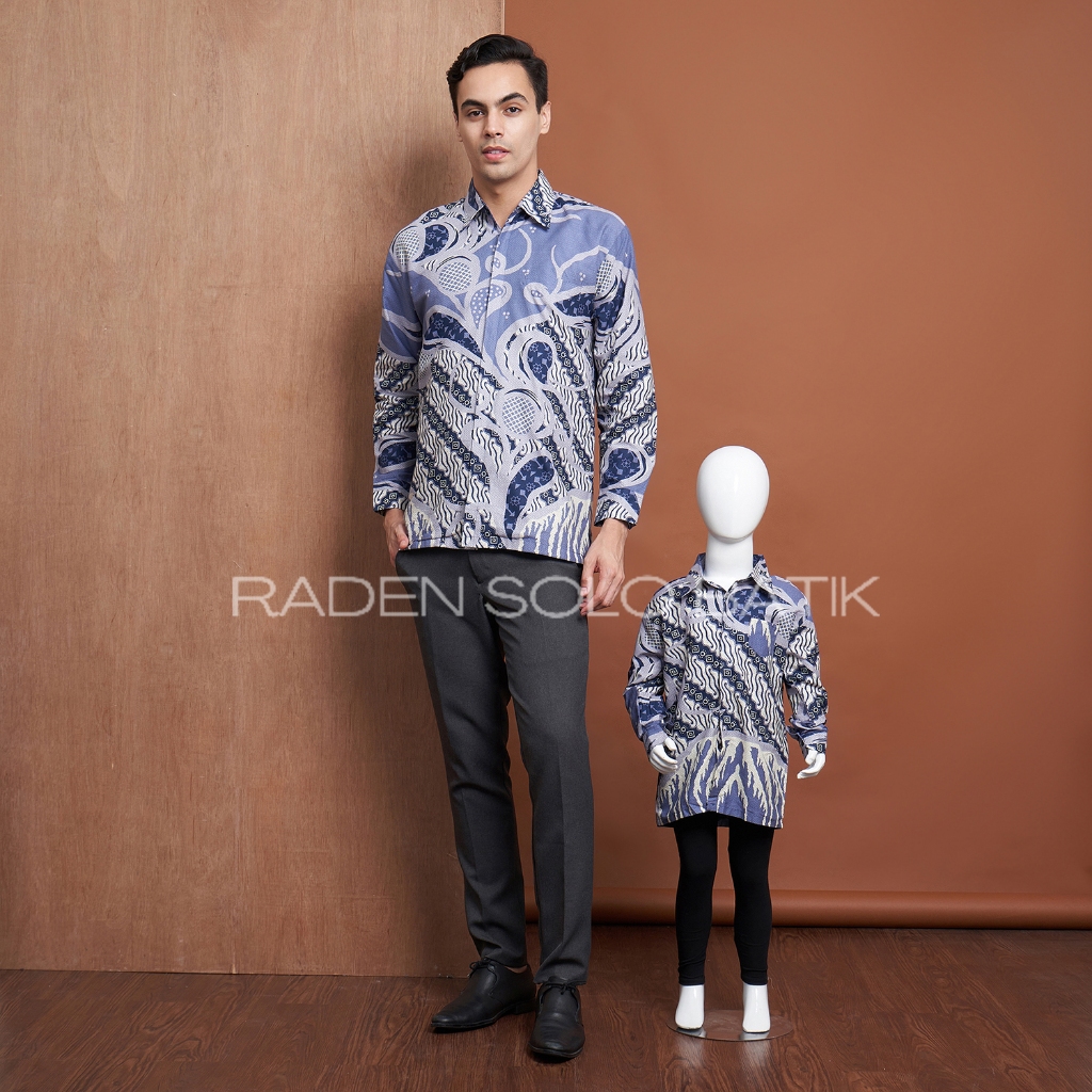 BIRU DONGKER SG,Batik Couple Ayah dan Anak Lengan Panjang Pendek Lapisan Furing Warna BIRU DONGKER