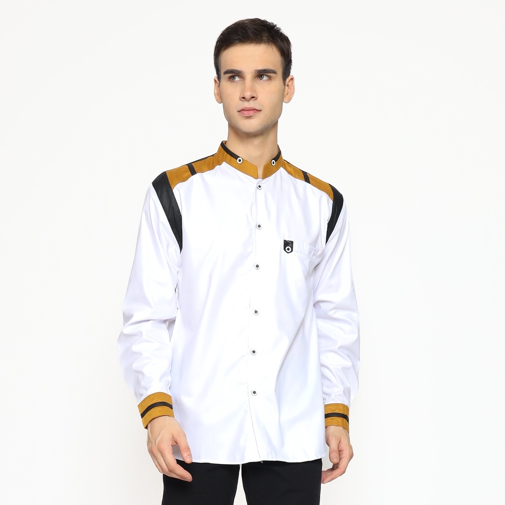 Baju Koko Pria Muslimen Motif Tanduk Lengan Panjang Warna Putih Mustard