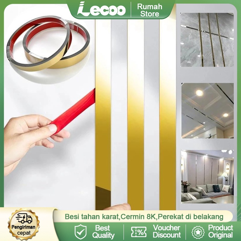 Serba Murah5M Rol Wall molding stiker dinding stainless steel List plat strip mirror gold cermin Per