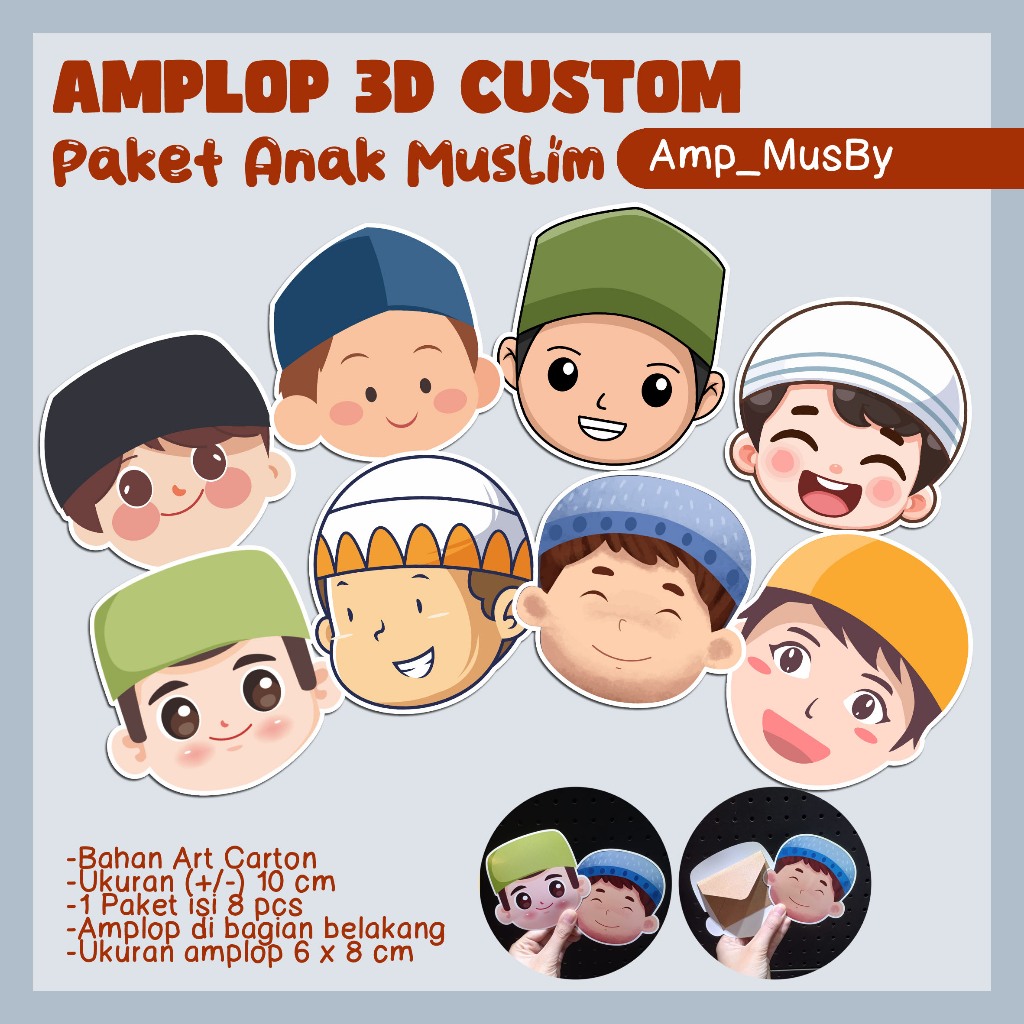 

AMPLOP 3D CUSTOM - Tema Muslim Boys Girls - 1 Paket isi 8 pcs - kode amp_musby amp_musgr