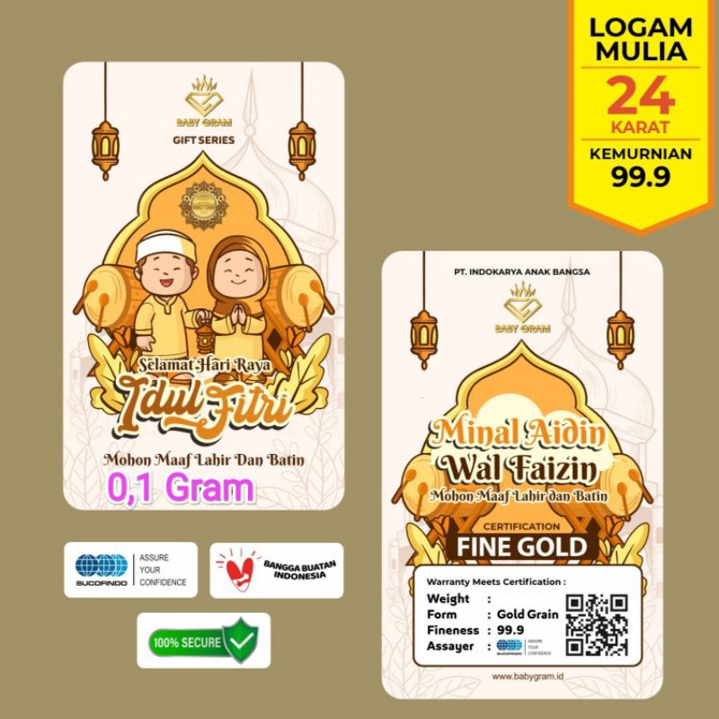 Baby Gram Idul Fitri 0.1 0,1 Gram Emas Mini Gold Logam mulia 24 Karat