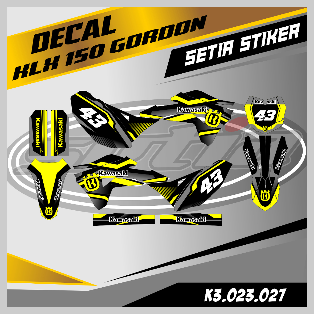 DECAL KLX GORDON, WARNA KUNING HITAM, STIKER SUPERMOTO TRAIL, DESAIN BEBAS CUSTOM BARU (K3.023.027)