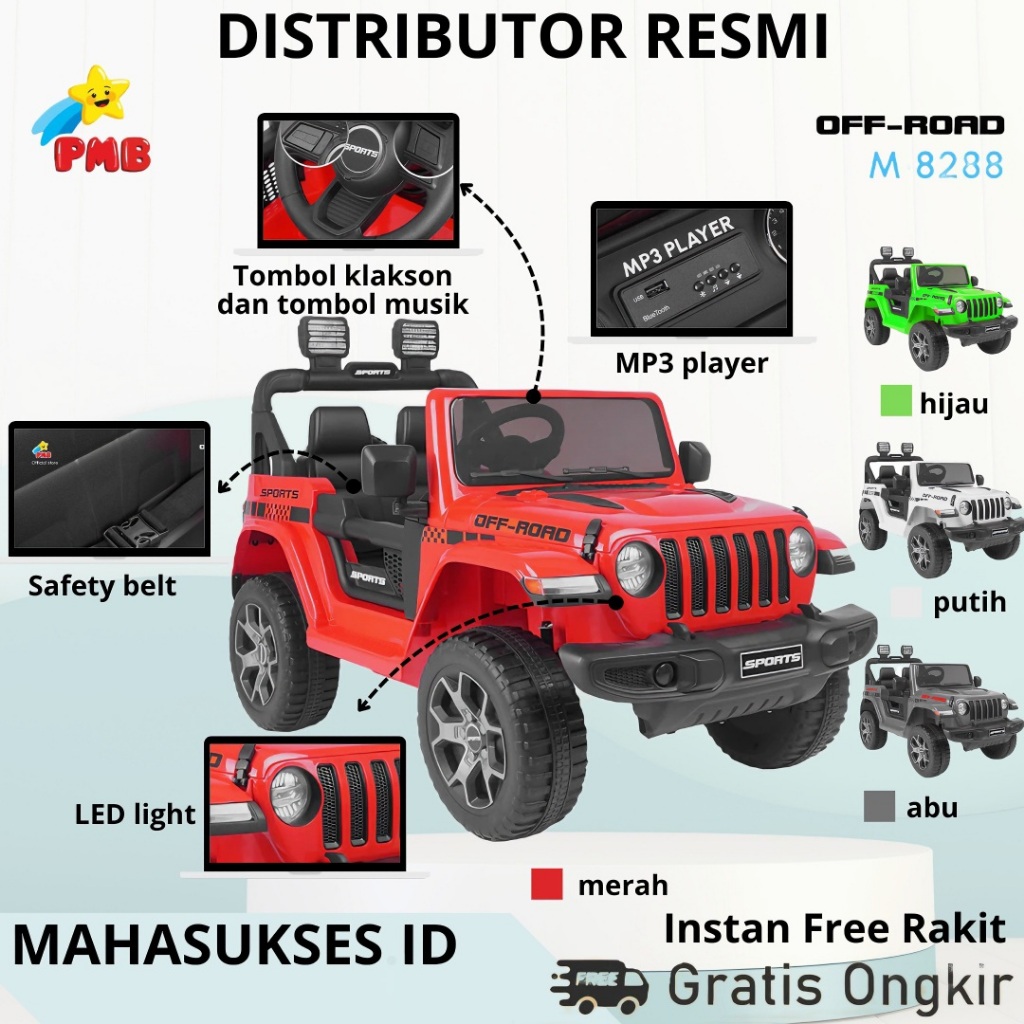 MOBIL AKI ANAK JEEP RUBICON OFFROAD BESAR PMB M-8288 DUAL GEARBOX DAN 2 AKI 12V SNI RESMI REMOTE CON