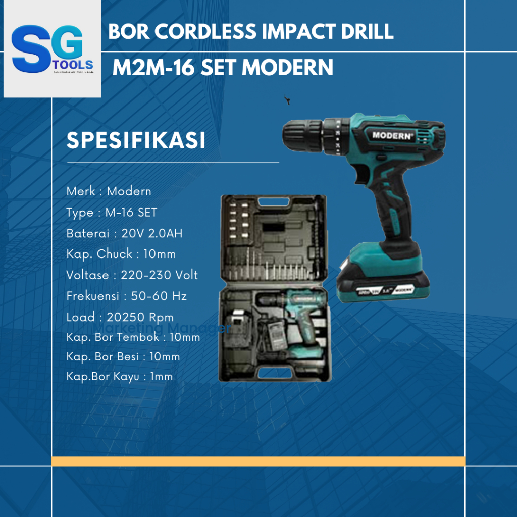 Mesin Bor Cordless Drill M-16 20V Set Modern