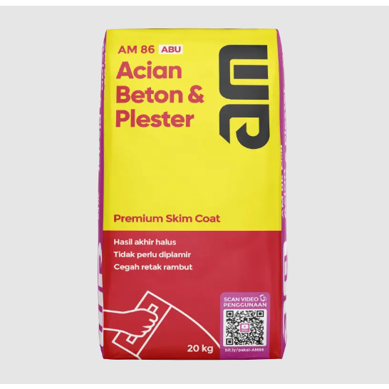 AM 86 Acian Tembok Abu Skimcoat 20kg Acian di atas Beton & Plester