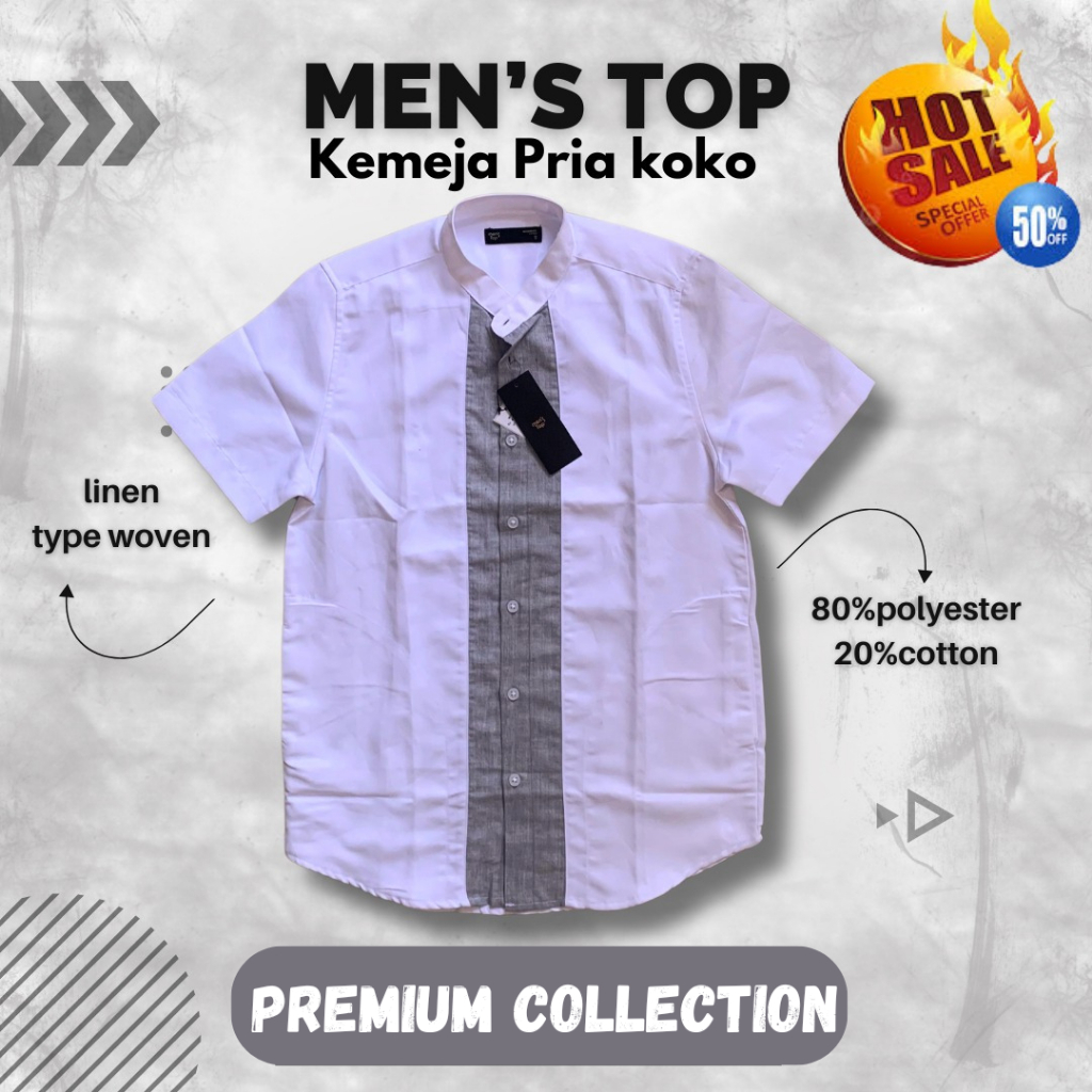 MEN'S TOP Kemeja Pria Koko Pendek Modern Fit Pakaian Muslim pria Baju Lebaran terbaru - Putih