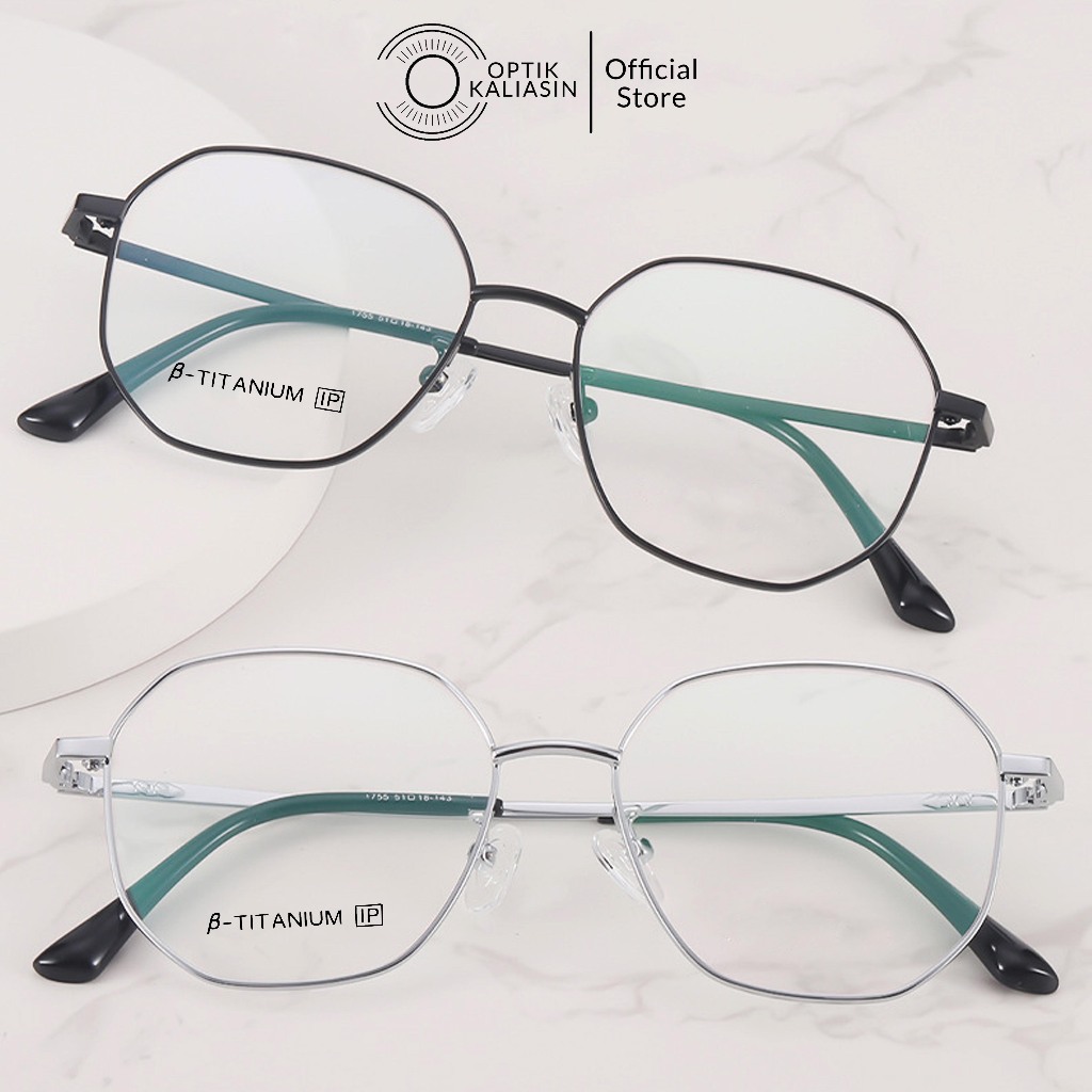 OPTIK KALIASIN - Frame kacamata pria wanita titanium kotak segi enam minus plus anti radiasi photoch