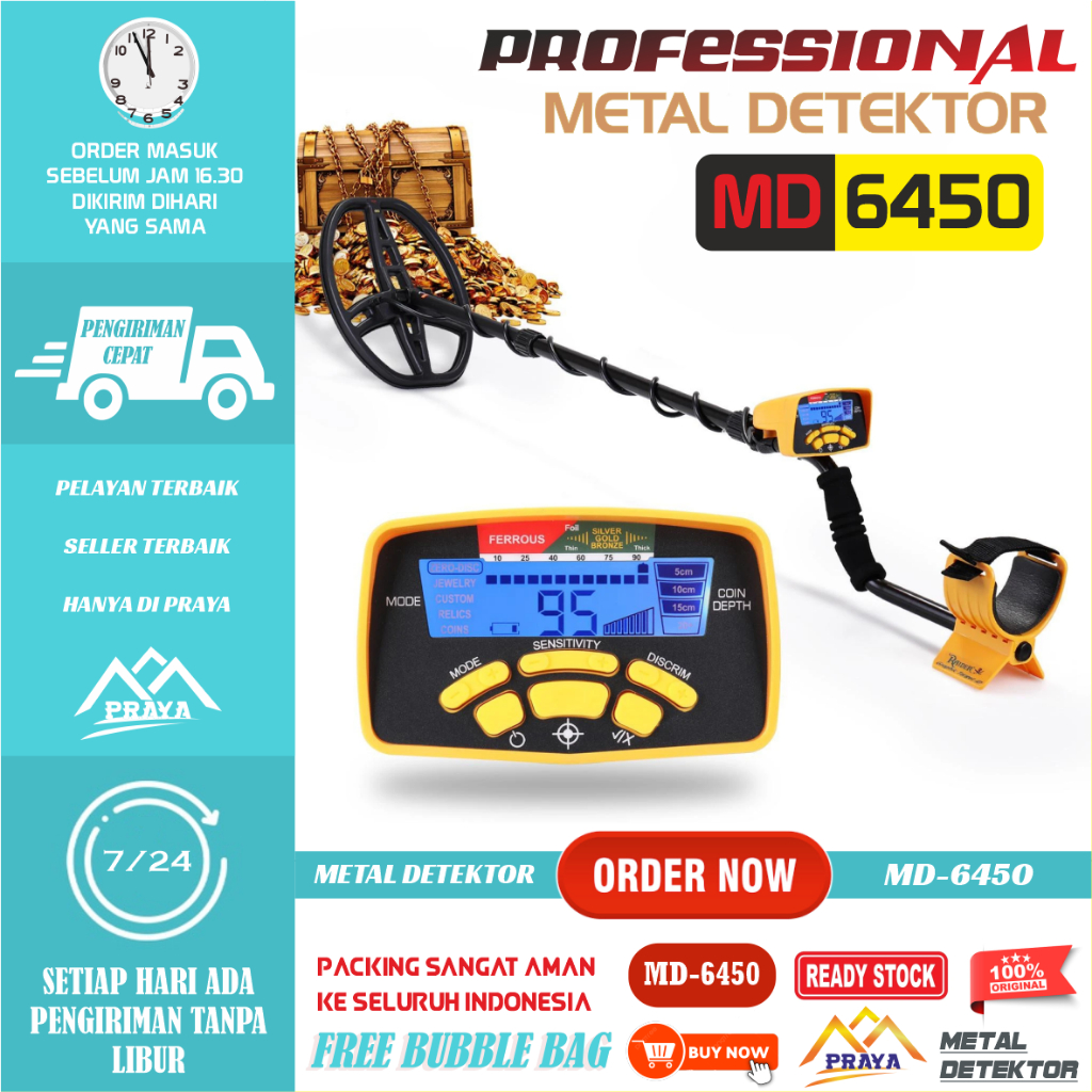 Profesional Metal Detector MD6450 Raider Gold Detector Emas Treasure Hunter Detektor Pencari Harta K