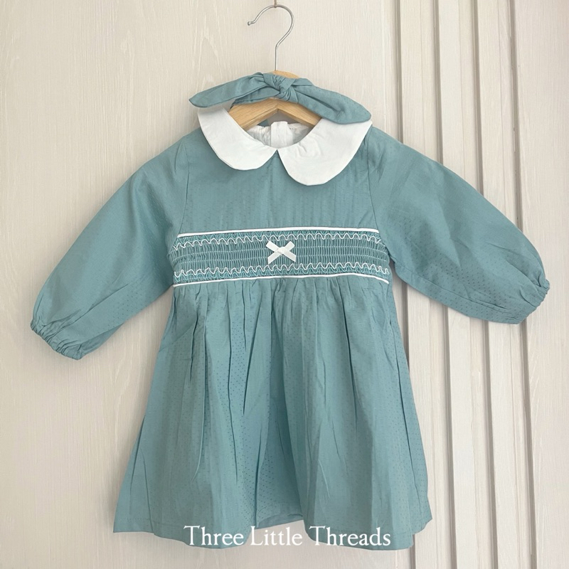 Three Little Threads - Izumi Turquoise Vintage Dress / Baju Terusan Anak Kecil Warna Hijau Dengan Ba