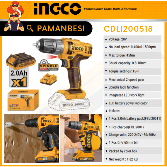 Bor Cordless Drill 20V 45Nm 10mm INGCO CDLI200518 Baterai dan Charger