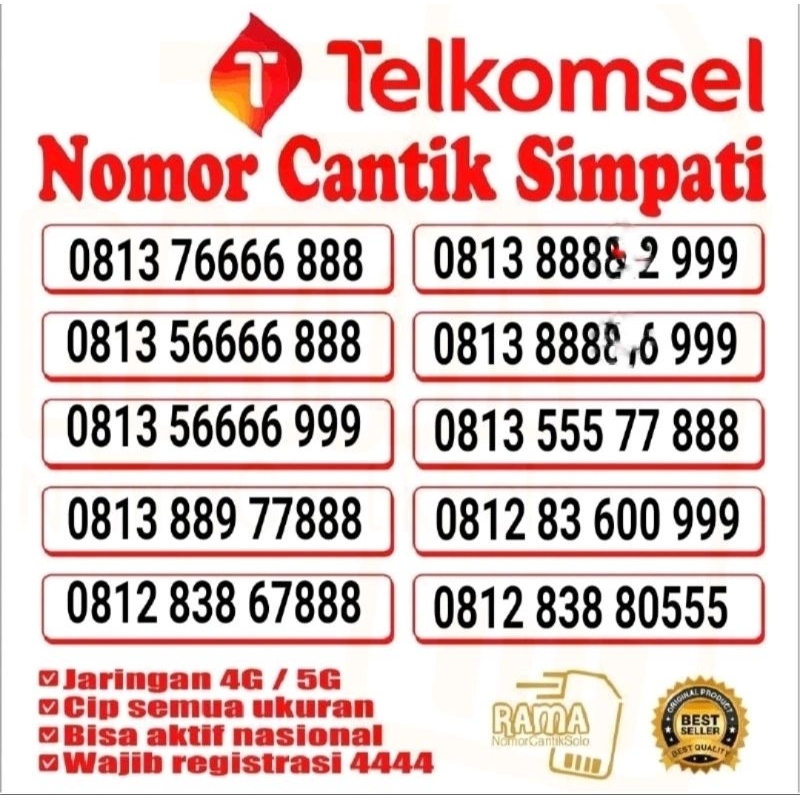 KARTU PERDANA NOMOR CANTIK TELKOMSEL TRIPLE HOKI 999 888 777   4G support 5G