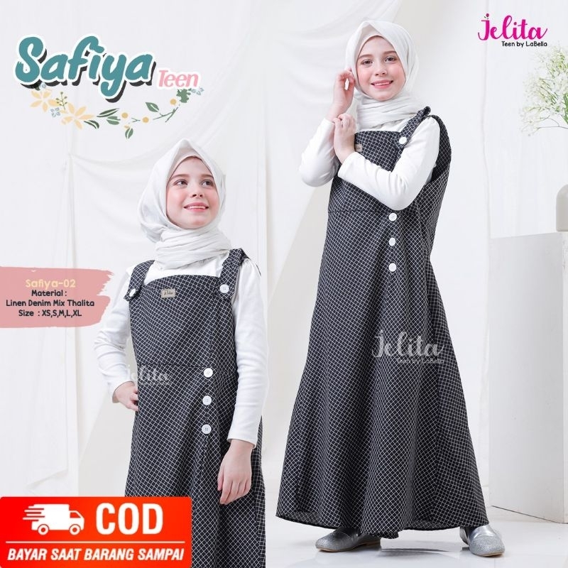 JELITA OVERALL DRESS ANAK PEREMPUAN REMAJA USIA 12 - 14 TAHUN DRESS BAHAN LINEN DENIM MOTIF KOTAK-KO