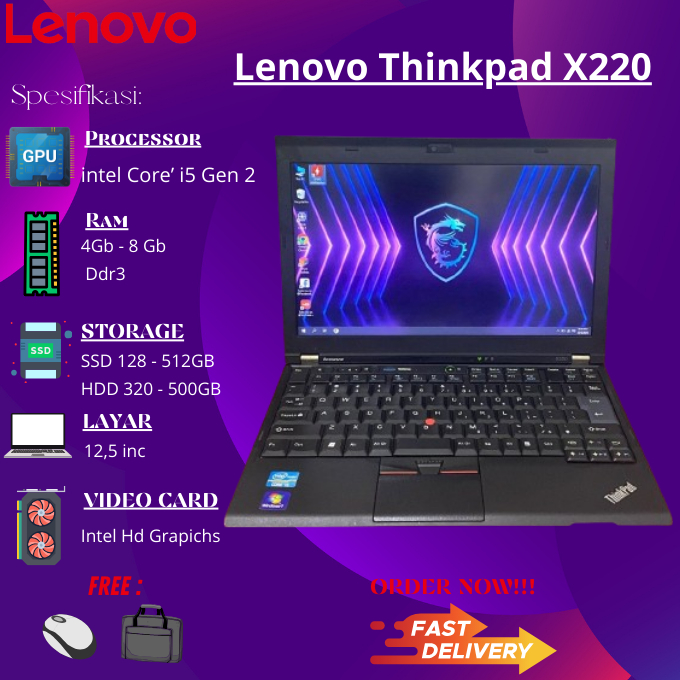 Laptop Lenovo Thinkpad X220 CORE I5 gen 2 SSD 256GB BERGARANSI MURAH AMANAH